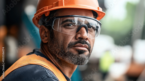 Close-up of a middle-aged male construction worker wearing an orange hard hat, safety glasses, and safety vest on a construction site with a blurred background.