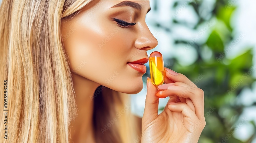 Beautiful Young Woman Holding a Golden Vitamin Capsule, Wellness, Beauty, and Skincare Concept Beautiful Young Woman Holding a Golden Vitamin Capsule, Wellness, Beauty, and Skincare Concept