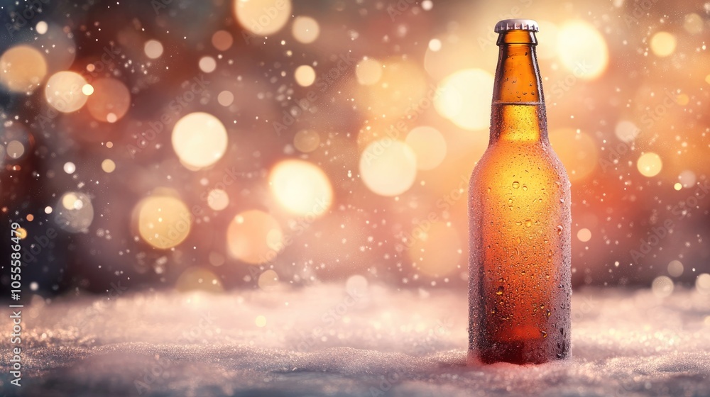 Abstract image featuring a chilled bottle of beer partially obscured by fog against a backdrop of soft blurred lights Abstract image featuring a chilled bottle of beer partially obscured by fog against a backdrop of soft blurred lights