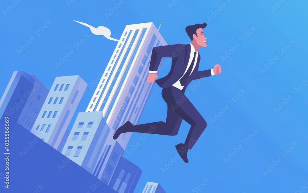 A flat vector illustration of a businessman in a suit energetically running and chasing a towering office building, symbolizing ambition and dedication. A flat vector illustration of a businessman in a suit energetically running and chasing a towering office building, symbolizing ambition and dedication.