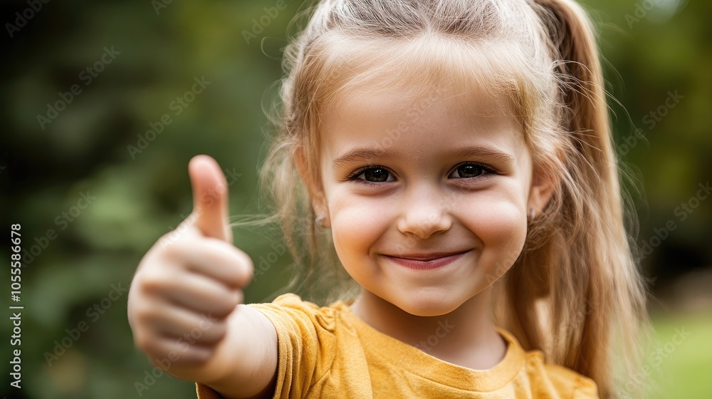 A smiling young girl shows her approval with a thumbs up gesture A smiling young girl shows her approval with a thumbs up gesture