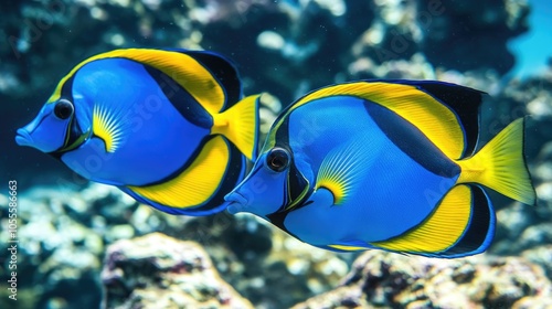 Two vibrant blue and yellow surgeonfish swim swiftly together in a clear ocean ideal for promoting diving snorkeling underwater life education and marine conservation materials photo