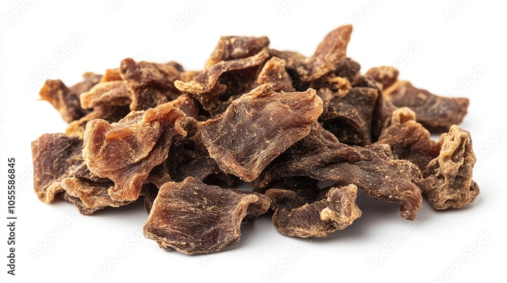 Dried beef lung bits a chewable and nearly fat free natural treat for dogs set against a white backdrop Dried beef lung bits a chewable and nearly fat free natural treat for dogs set against a white backdrop
