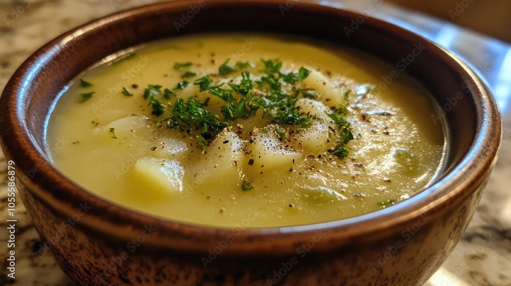 Homemade potato and leek soup served in an inviting bowl embodying classic comfort and rich flavor highlighting the essence of a timeless dish Homemade potato and leek soup served in an inviting bowl embodying classic comfort and rich flavor highlighting the essence of a timeless dish