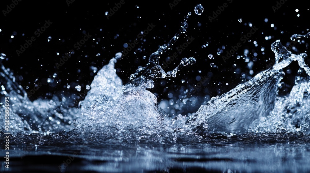 Water splashes dramatically against a black backdrop creating a refreshing and striking visual effect Water splashes dramatically against a black backdrop creating a refreshing and striking visual effect