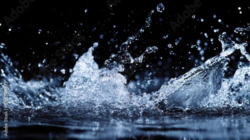 Water splashes dramatically against a black backdrop creating a refreshing and striking visual effect