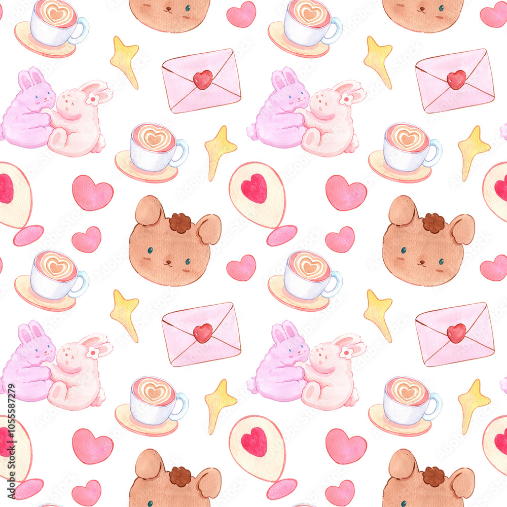 Watercolor illustration of a rabbit face and symbols representing love, seamless pattern. Watercolor illustration of a rabbit face and symbols representing love, seamless pattern.