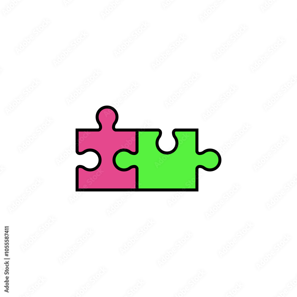 Two colored puzzle pieces joined together.
Two colored puzzle pieces joined together.