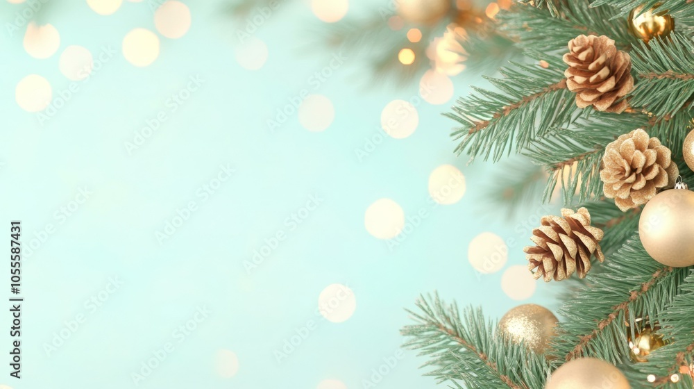 Elegant Christmas tree adorned with gold ornaments and pine cones, evoking a festive holiday spirit. Elegant Christmas tree adorned with gold ornaments and pine cones, evoking a festive holiday spirit.