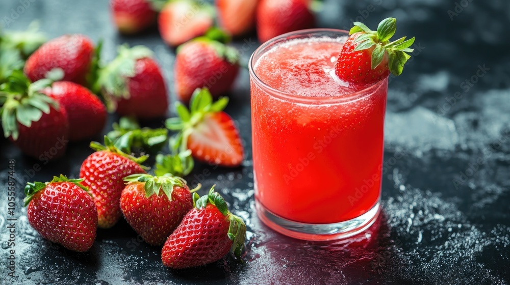 Refreshing glass of strawberry juice surrounded by fresh strawberries ideal for summer beverages and healthy drink inspirations Refreshing glass of strawberry juice surrounded by fresh strawberries ideal for summer beverages and healthy drink inspirations
