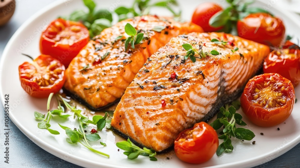 Roasted salmon accompanied by tomatoes and fresh herbs on a white plate Roasted salmon accompanied by tomatoes and fresh herbs on a white plate