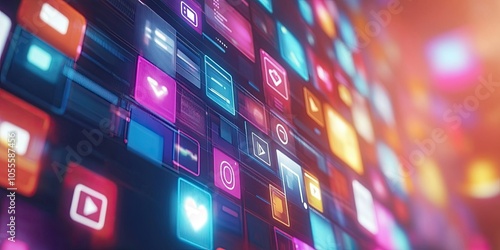 Vibrant digital icons display colorful technology. Bright network elements show online communication. Social media interface, glowing tech design, multimedia application.