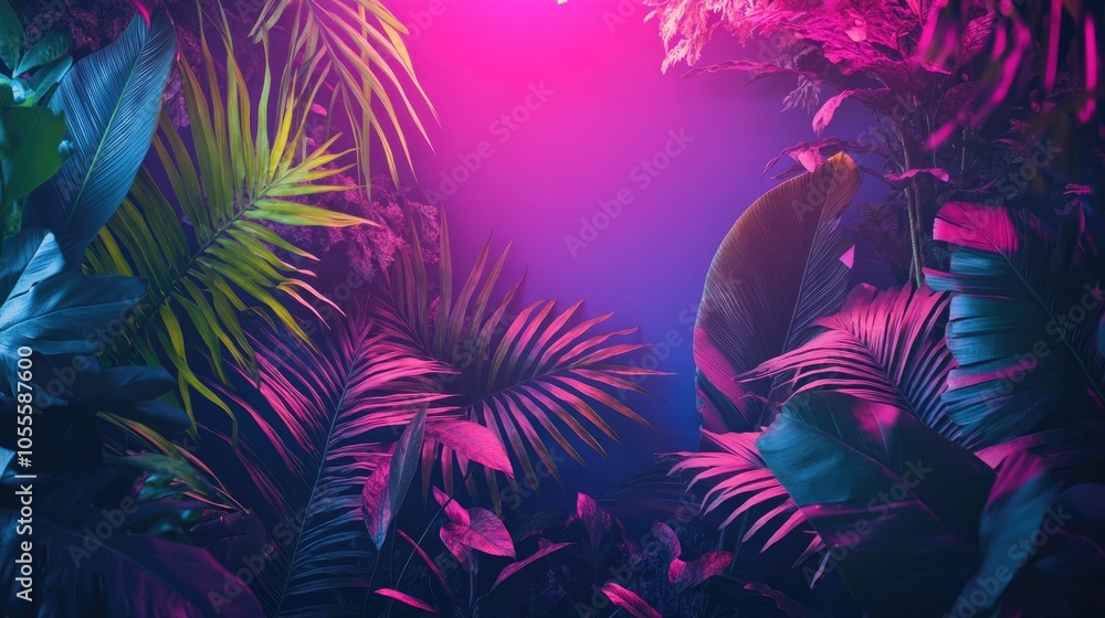 Fototapeta premium Neon lit border surrounded by lush tropical foliage