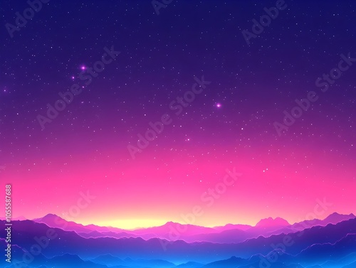 A stunning digital landscape featuring a gradient sky transitioning from deep violet to soft pink, sprinkled with stars and silhouetted mountains in the foreground.