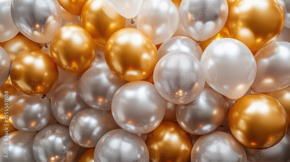 Golden and silver balloons create a vibrant and festive backdrop Golden and silver balloons create a vibrant and festive backdrop