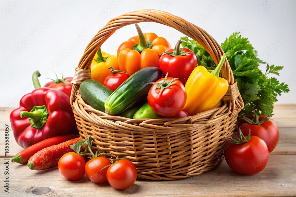 Wooden Wicker Basket with Fresh Vegetables on White Background for Culinary and Farm Fresh Themes Wooden Wicker Basket with Fresh Vegetables on White Background for Culinary and Farm Fresh Themes