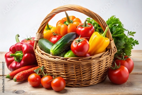 Wooden Wicker Basket with Fresh Vegetables on White Background for Culinary and Farm Fresh Themes