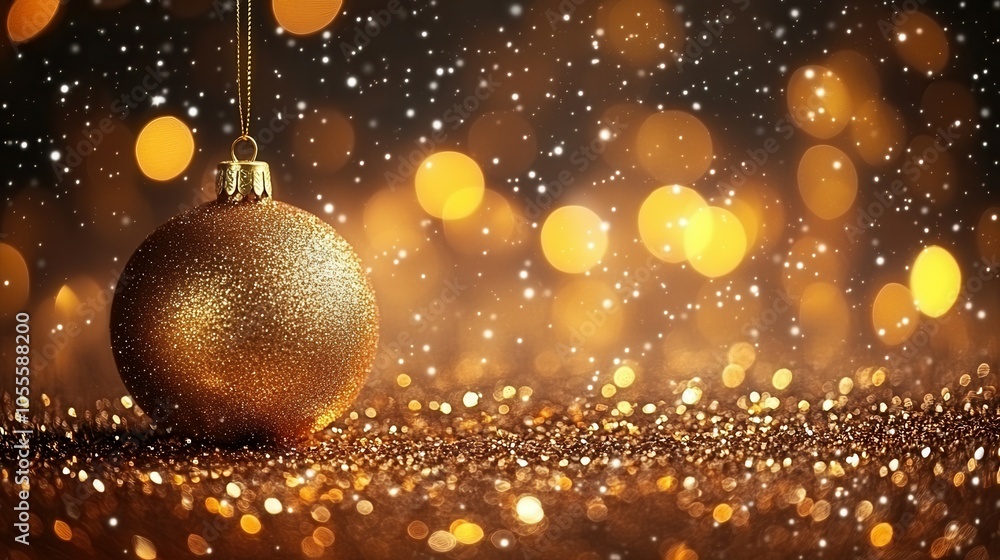 A stunning gold ornament dangles from a string, illuminated by soft golden lights. Snowflakes gently fall in the foreground, enhancing the festive atmosphere of the holiday season with a touch of shim A stunning gold ornament dangles from a string, illuminated by soft golden lights. Snowflakes gently fall in the foreground, enhancing the festive atmosphere of the holiday season with a touch of shim