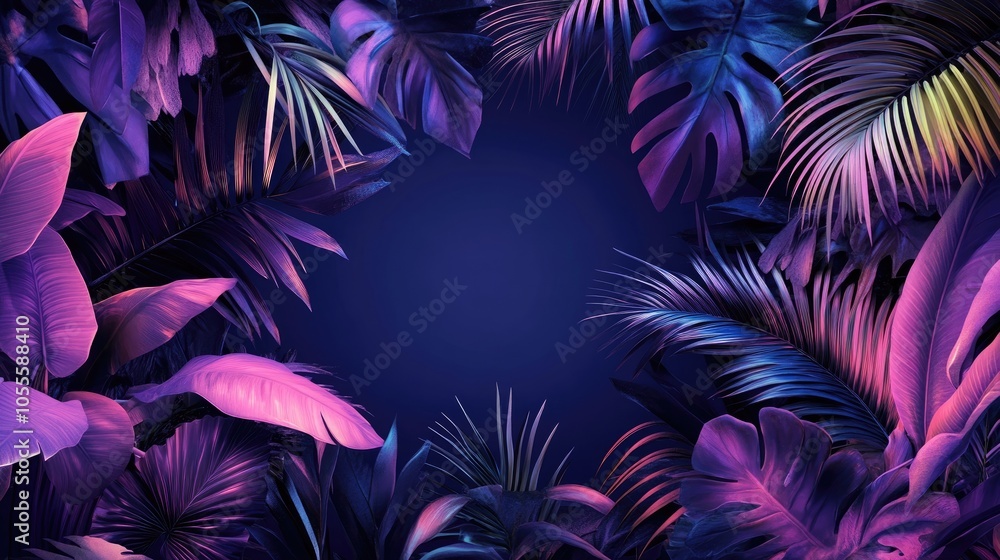 Neon lit border surrounded by lush tropical foliage Neon lit border surrounded by lush tropical foliage