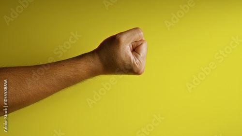 Man's fist tightly clenched in front of a vivid yellow background depicting strength and determination in a minimalist stock photo photo