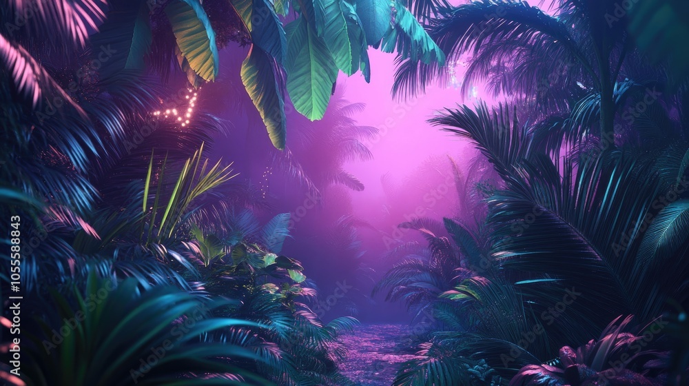 Neon lit border surrounded by lush tropical foliage Neon lit border surrounded by lush tropical foliage