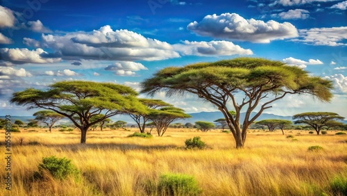 African bushland with acacia trees and grasses swaying in wind, nature, wind, plants, wildflowers, bush