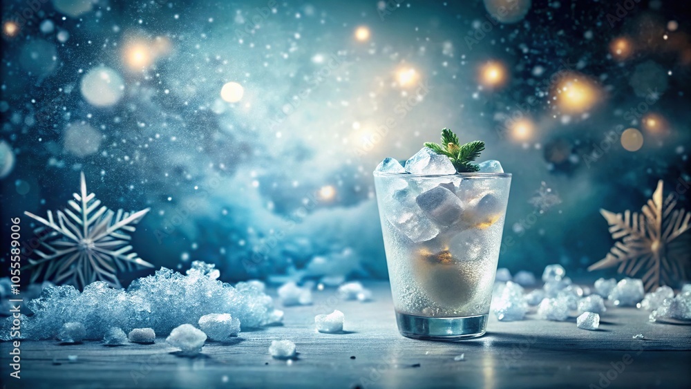 A frozen cocktail in a clear cup with ice cubes floating inside surrounded by snowflakes and frosty atmosphere, cold, frosty, ice cube, cocktail, snowflake A frozen cocktail in a clear cup with ice cubes floating inside surrounded by snowflakes and frosty atmosphere, cold, frosty, ice cube, cocktail, snowflake