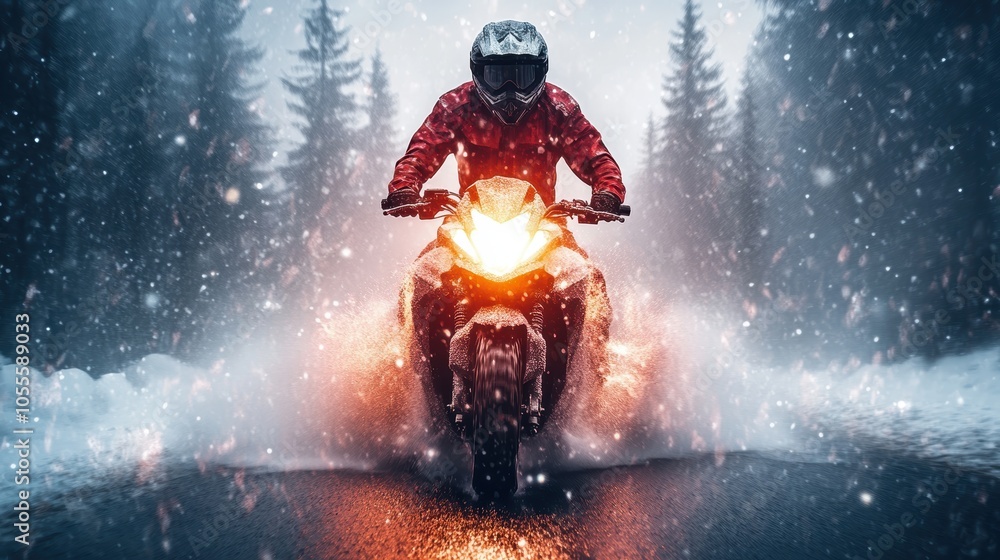 Motorcyclist rides through snowy forest. Motorcyclist rides through snowy forest.
