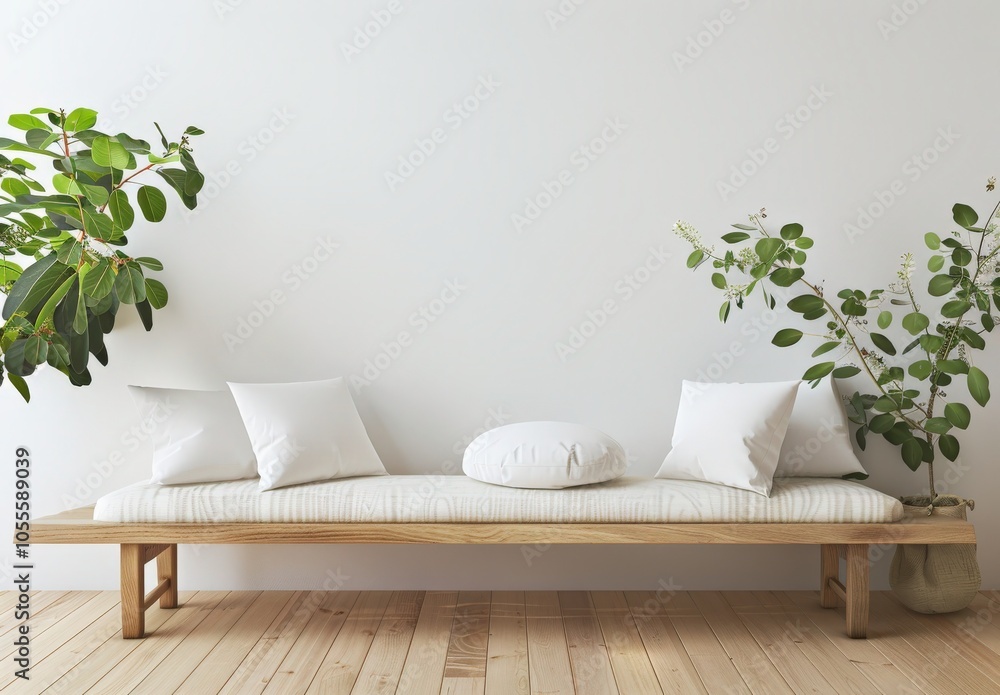 A minimalist living room interior with a wooden bench. white cushions. and potted plants A minimalist living room interior with a wooden bench. white cushions. and potted plants