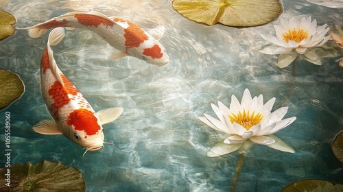 Tranquil water scene showcasing koi fish swimming among peaceful water lilies beneath a shimmering surface photo