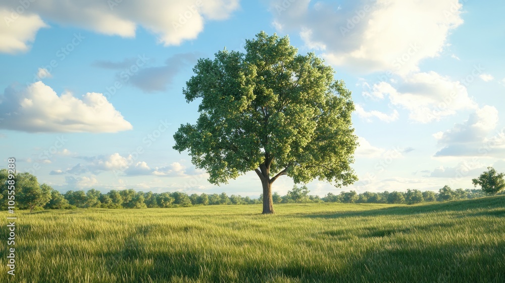 Lone oak tree towering in a sunlit meadow surrounded by green grass under a bright summer sky creating a serene outdoor landscape in a country park Lone oak tree towering in a sunlit meadow surrounded by green grass under a bright summer sky creating a serene outdoor landscape in a country park