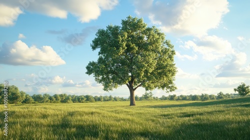 Lone oak tree towering in a sunlit meadow surrounded by green grass under a bright summer sky creating a serene outdoor landscape in a country park