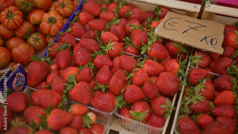 Fresh strawberries and tomatoes displayed in an outdoor market stall with a handwritten price sign in euros, highlighting the vibrant produce for sale. Fresh strawberries and tomatoes displayed in an outdoor market stall with a handwritten price sign in euros, highlighting the vibrant produce for sale.