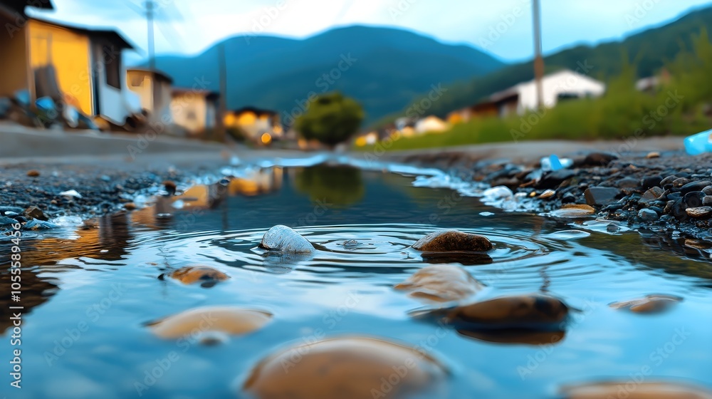 Fototapeta premium Clear Water in River Surrounded by Houses and Nature