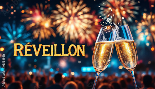 Two champagne glasses clink together in celebration, with the word 