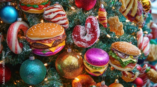 Vibrant Christmas tree adorned with unconventional decorations featuring glittery fast food items like pizza burgers french fries donuts and chicken wraps