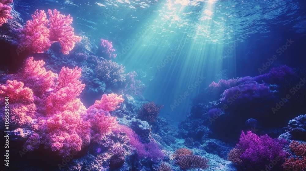 Fototapeta premium Lively coral reefs illuminated by sunlight beams in a deep blue ocean