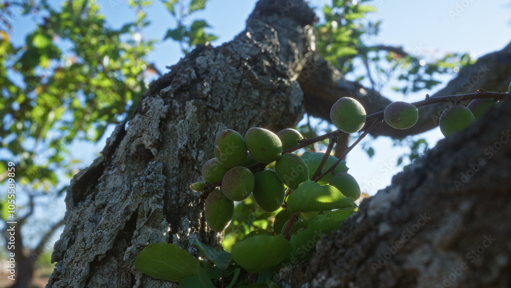 Close-up view of unripe wild almond prunus dulcis on a tree in the scenic countryside of puglia, italy, showcasing natural growth and vibrant greenery. Close-up view of unripe wild almond prunus dulcis on a tree in the scenic countryside of puglia, italy, showcasing natural growth and vibrant greenery.