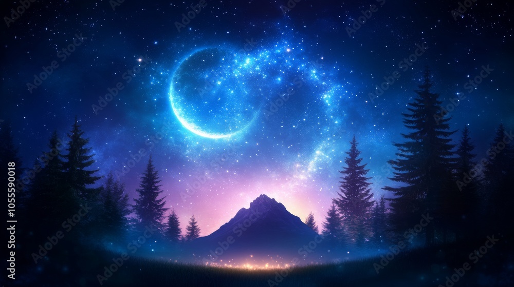 Fototapeta premium Enchanted night sky over a mystical mountain landscape