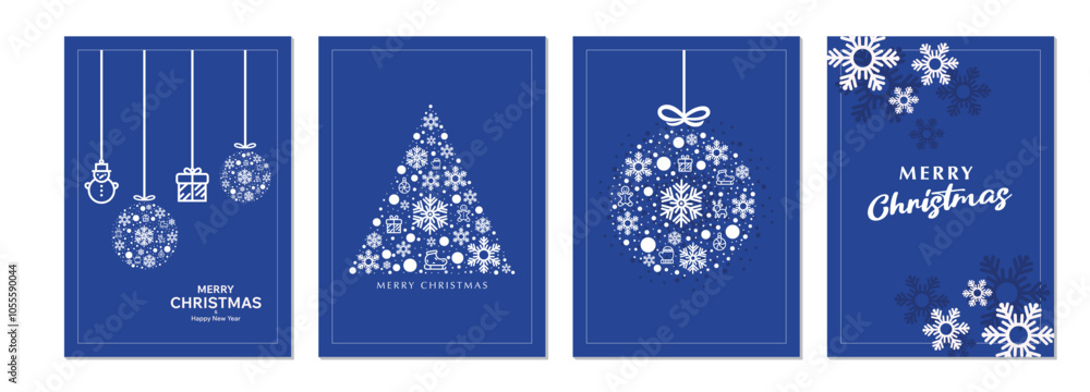 A set of four minimalist Christmas card designs featuring snowflakes, xmas trees, and ornaments, are designed in a clean, modern style with a blue color palette, for creating personalized holiday gre A set of four minimalist Christmas card designs featuring snowflakes, xmas trees, and ornaments, are designed in a clean, modern style with a blue color palette, for creating personalized holiday gre