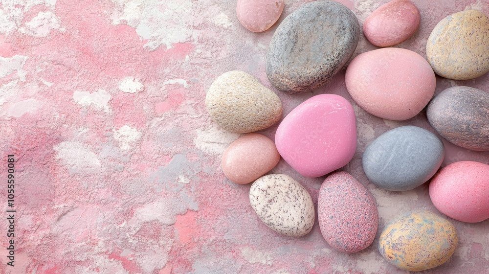 Round pebbles on a textured stone background featuring a variety of pink hues
