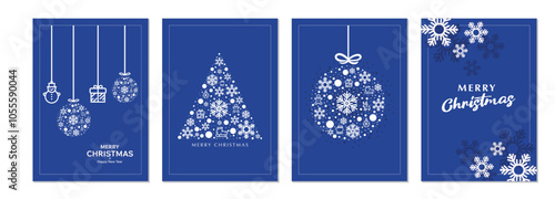 A set of four minimalist Christmas card designs featuring snowflakes, xmas trees, and ornaments, are designed in a clean, modern style with a blue color palette,  for creating personalized holiday gre