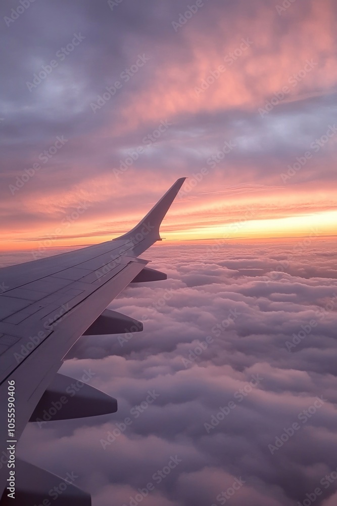 Obraz premium Airplane Wing Flying Above Clouds