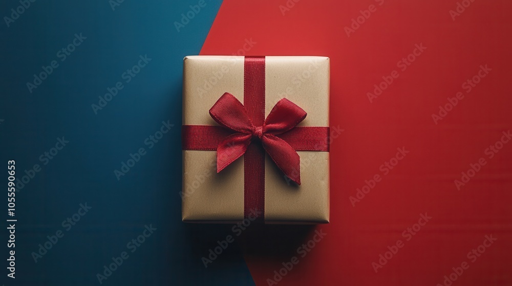 A carefully wrapped gift box sits atop a bright red and blue background. The box is adorned with a classic red ribbon and bow, inviting curiosity and excitement about its contents and the occasion it A carefully wrapped gift box sits atop a bright red and blue background. The box is adorned with a classic red ribbon and bow, inviting curiosity and excitement about its contents and the occasion it