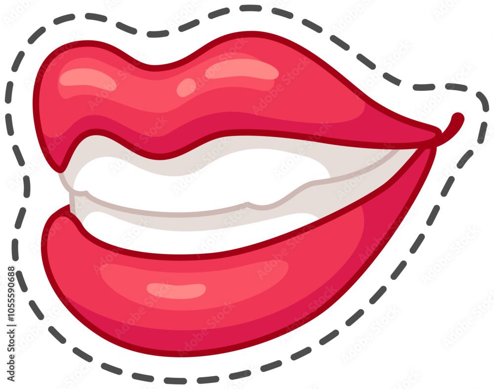 Cartoon illustration of red lips showing teeth with a big smile, isolated on a white background with a black dashed border Cartoon illustration of red lips showing teeth with a big smile, isolated on a white background with a black dashed border