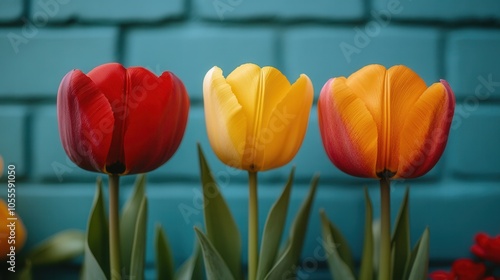 Colorful tulips in red, yellow, and orange flourish in front of a turquoise wall, capturing the essence of spring. Their vibrant petals contrast beautifully with the background, creating a cheerful at photo