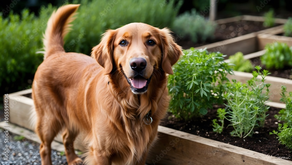 Obraz premium Playful Golden Retriever in Herb Garden