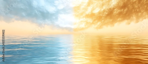 A stunning digital depiction of a horizon split between serene blue waters and vibrant golden skies, evoking a sense of tranquility and wonder in a surreal atmosphere.