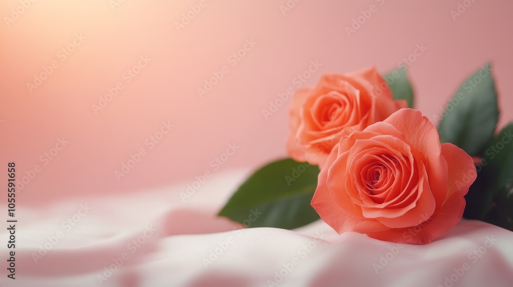 Elegant peach roses on soft fabric background Elegant peach roses on soft fabric background