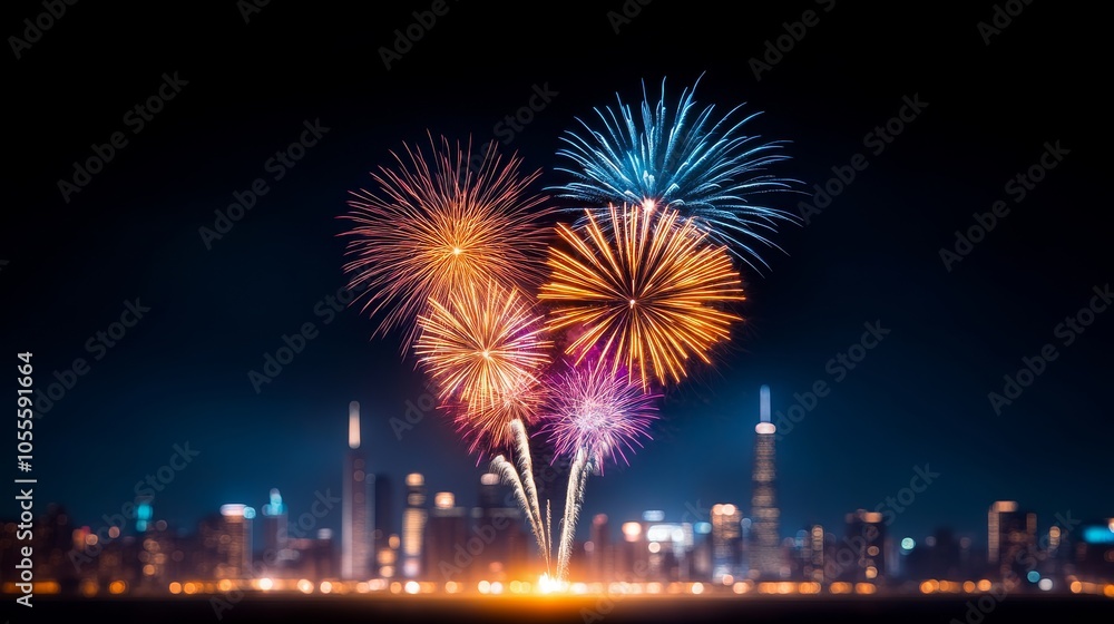 Spectacular fireworks illuminating a city skyline at night Spectacular fireworks illuminating a city skyline at night